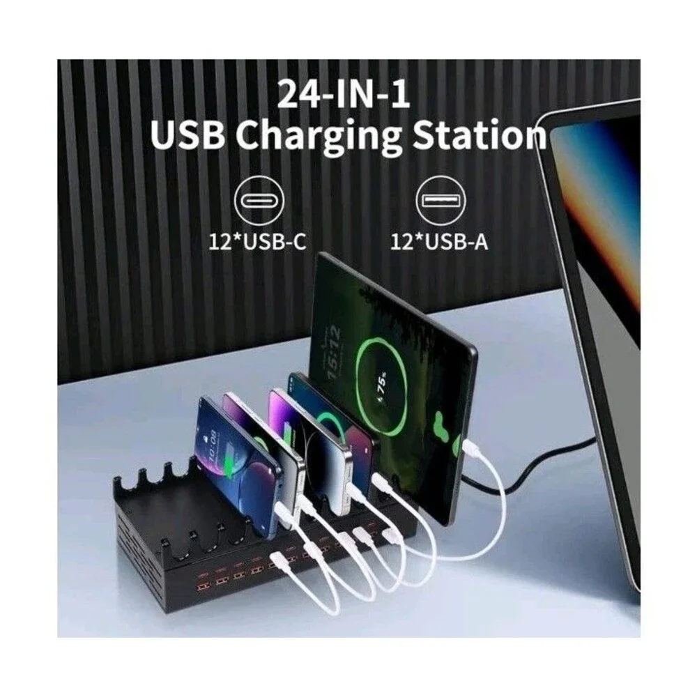 300W Charging Station for Multiple Devices - 24 Ports USB Fast Charging Station